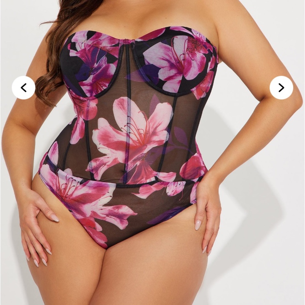 Fashion Nova Floral Mesh Bodysuit - Black and Pink